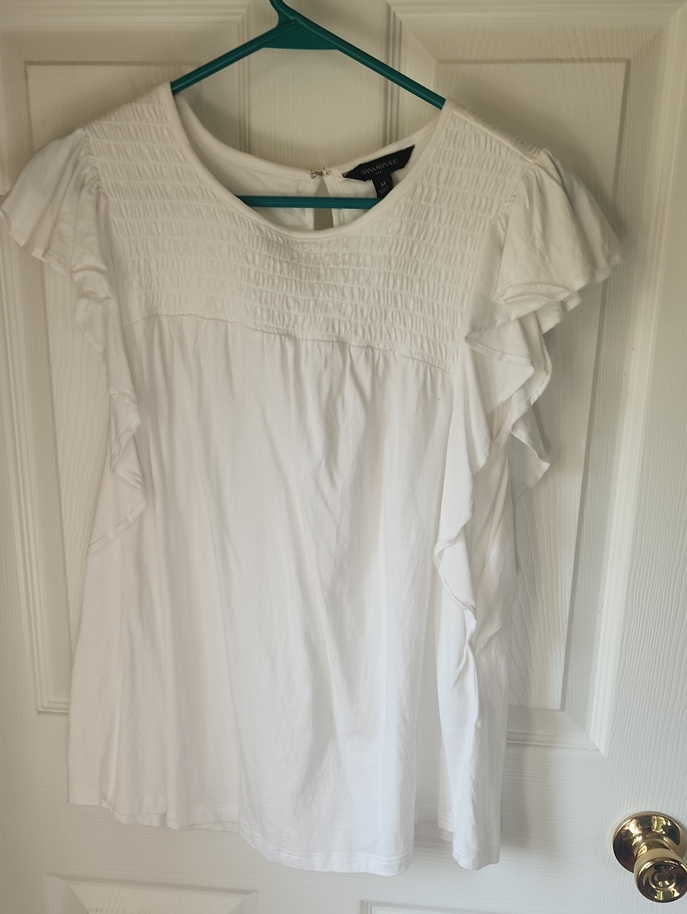 Banana Republic White Ruffle Sleeve Smocked Yoke Top